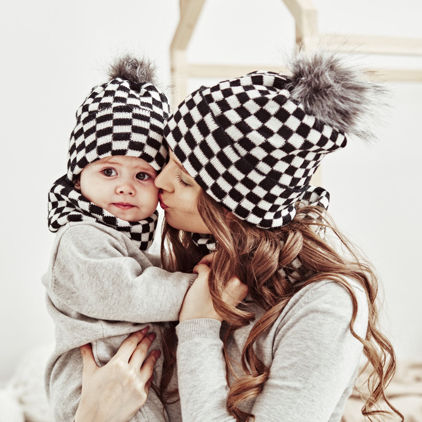 Matching Checkered Beanies and Scarf Set by JOYDAY