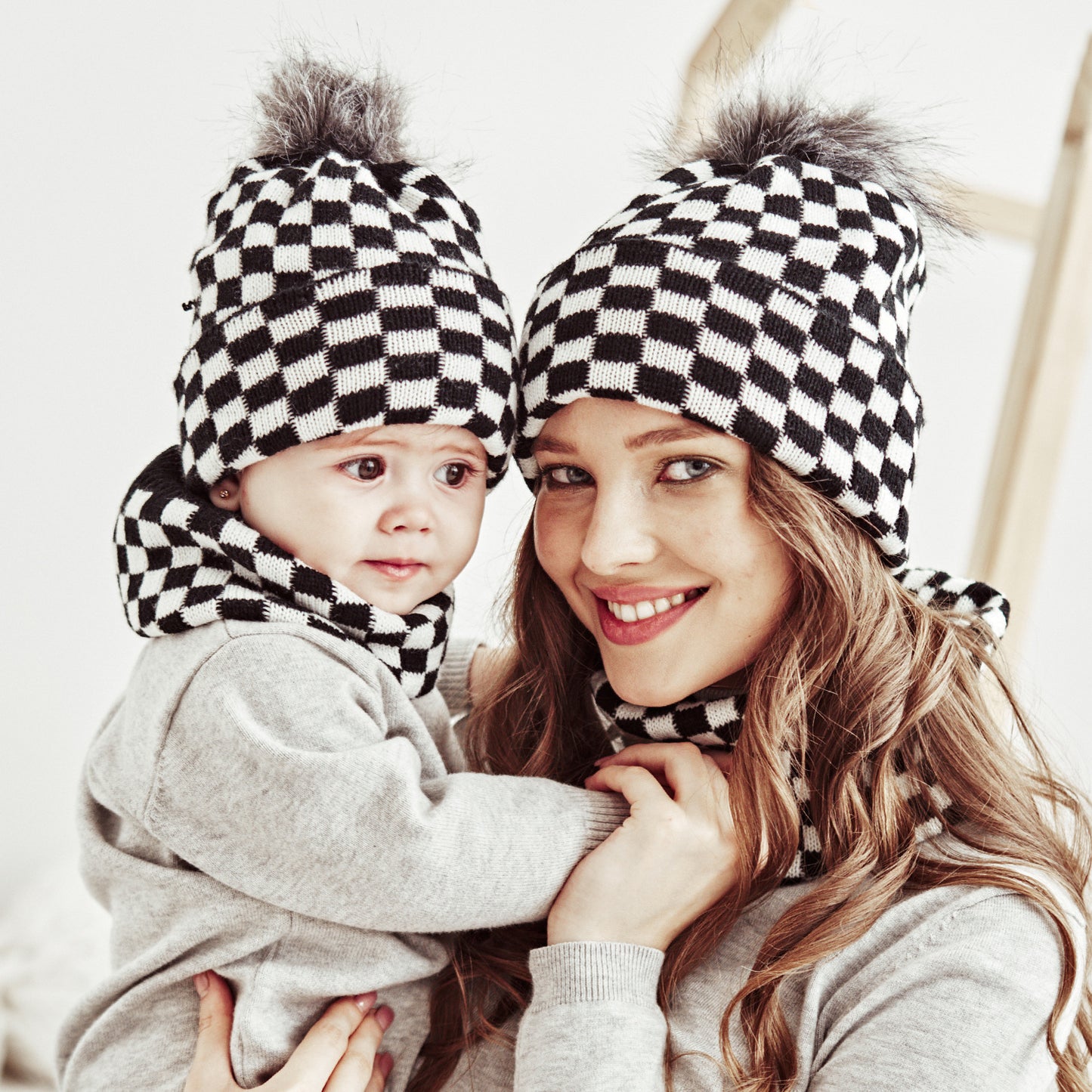 Matching Checkered Beanies and Scarf Set by JOYDAY